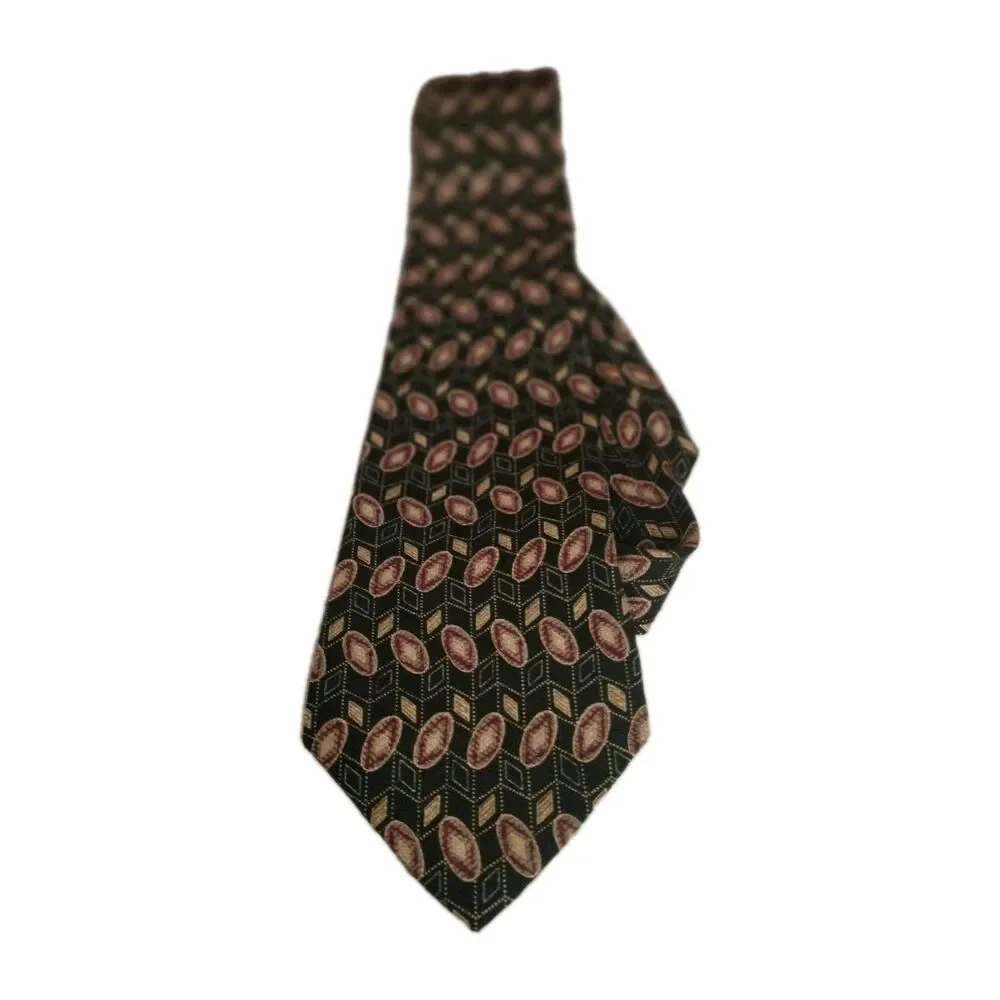 Chaps Ralph Lauren Black Red Tan  Geometric Print Neck Tie Silk USA A26